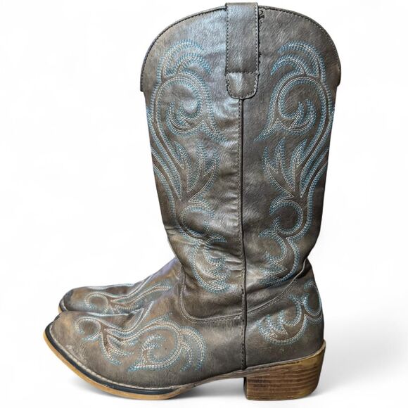 Roper Women’s Size 8.5 Western Cowboy Boots Gray Blue Stitching Square Toe All M - Picture 1 of 8